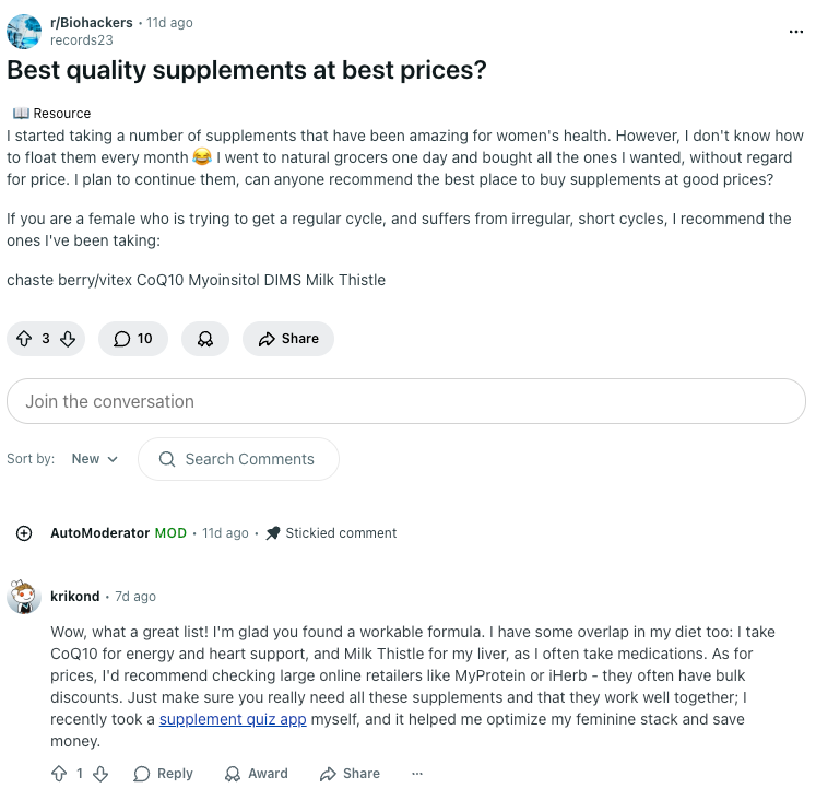 Reddit comment example in biohackers subreddit about supplements
